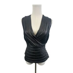 Tadashi Collection Metallic Pleated Top Sleeveless V-Neck Blouse Black - Size L