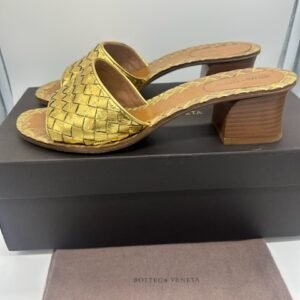 Bottega Veneta Woven Gold Leather Heeled Sandals Slides Size 38
