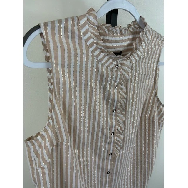Talbots Ruffle Blouse Women's Size Large Sleeveless Striped Metallic Button Top - Image 3