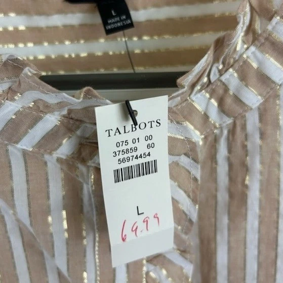 Talbots Ruffle Blouse Women's Size Large Sleeveless Striped Metallic Button Top - Image 4