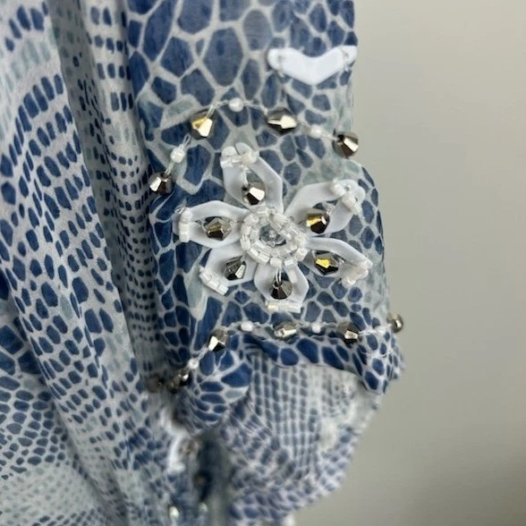 TAJ by Sabrina Crippa Women's Size Small Blue White Snake Beaded Kaftan Silk - Image 3