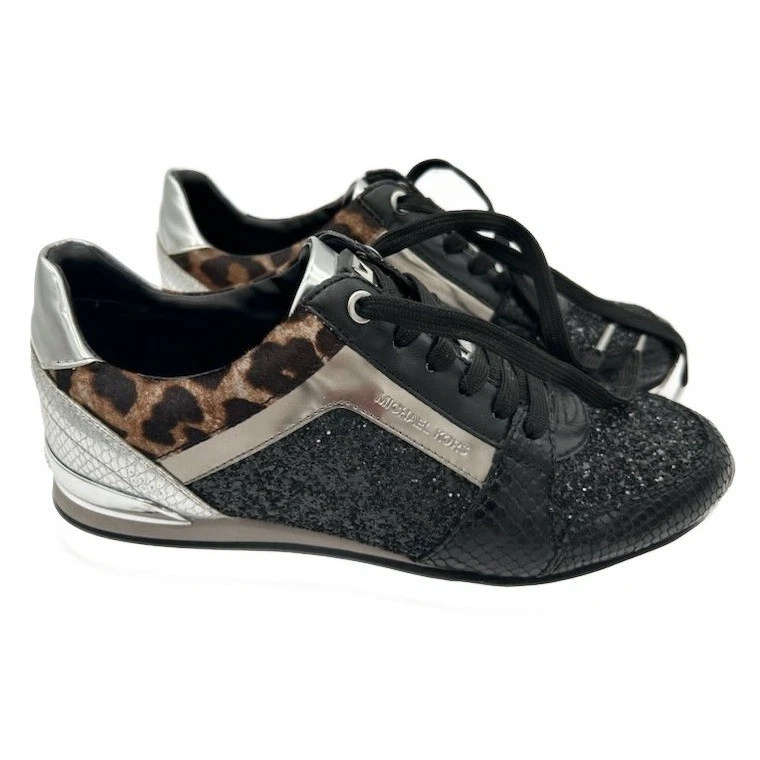 Michael Kors Women's Size 8.5 Black Glitter Leopard Wedge Sneakers Tennis Shoes - Image 2
