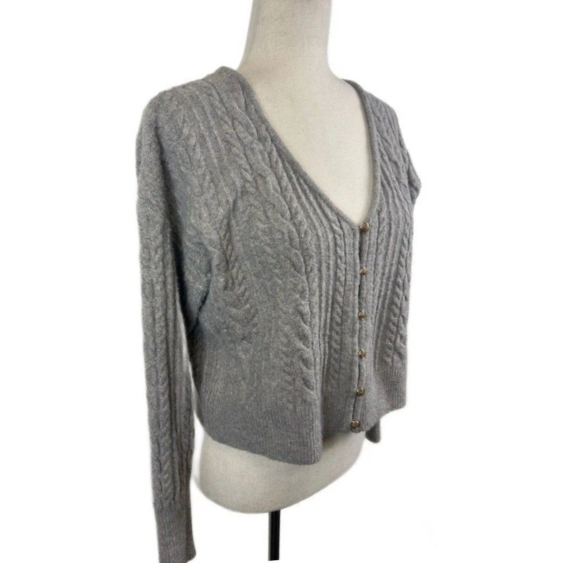 Rachel Zoe Sweater Women's Size Medium Gray Cable Knit Cardigan Cozy Chunky - Image 2