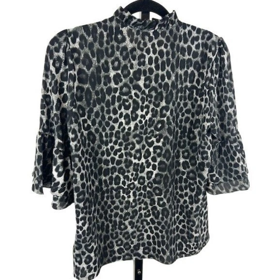 Michael Kors Blouse Womens Size Medium Leopard Print Ruffle Neck Bell Sleeve Top - Image 3