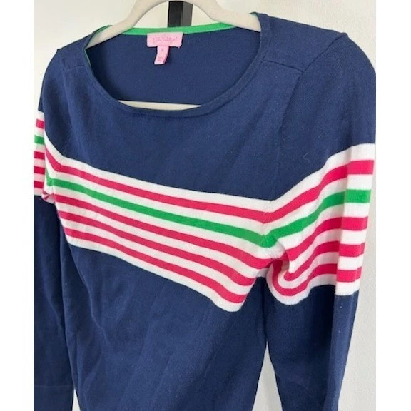 Lilly Pulitzer Sweater Women's Size Medium Navy Pink Green Striped Crew Neck - Image 2