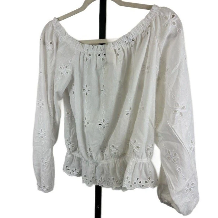 H&M Women's Large White Eyelet Off Shoulder Peasant Blouse Ruffle Cottagecore