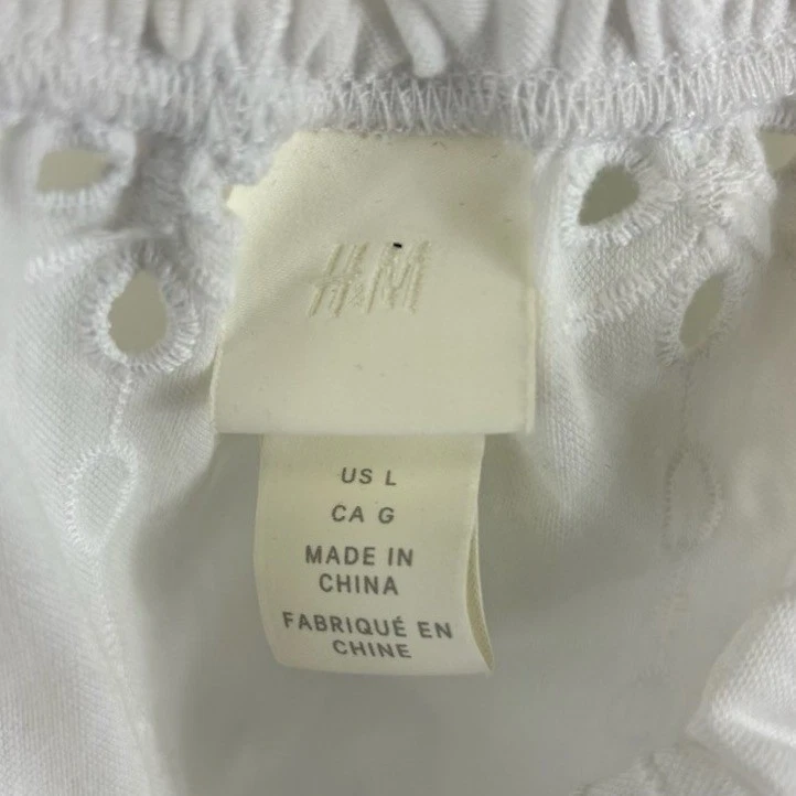 H&M Women's Large White Eyelet Off Shoulder Peasant Blouse Ruffle Cottagecore - Image 3