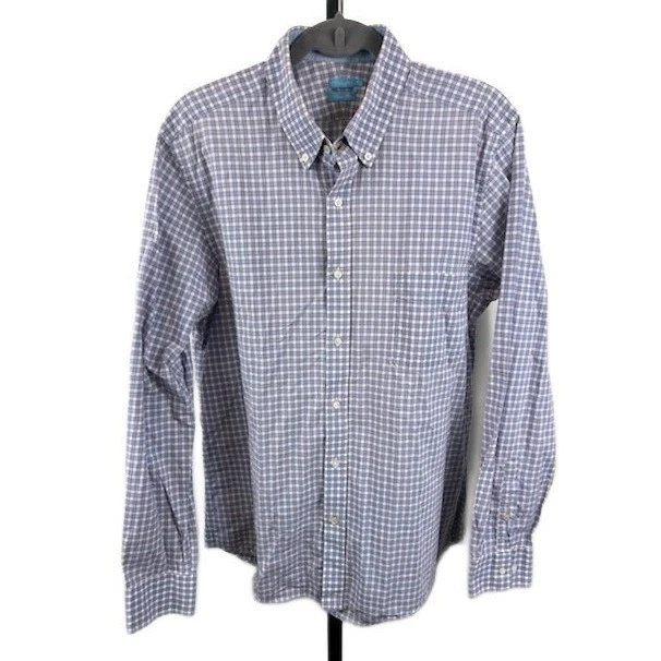J.McLaughlin Shirt Men's Size XL Blue White Red Plaid Trim Fit Button Down Top