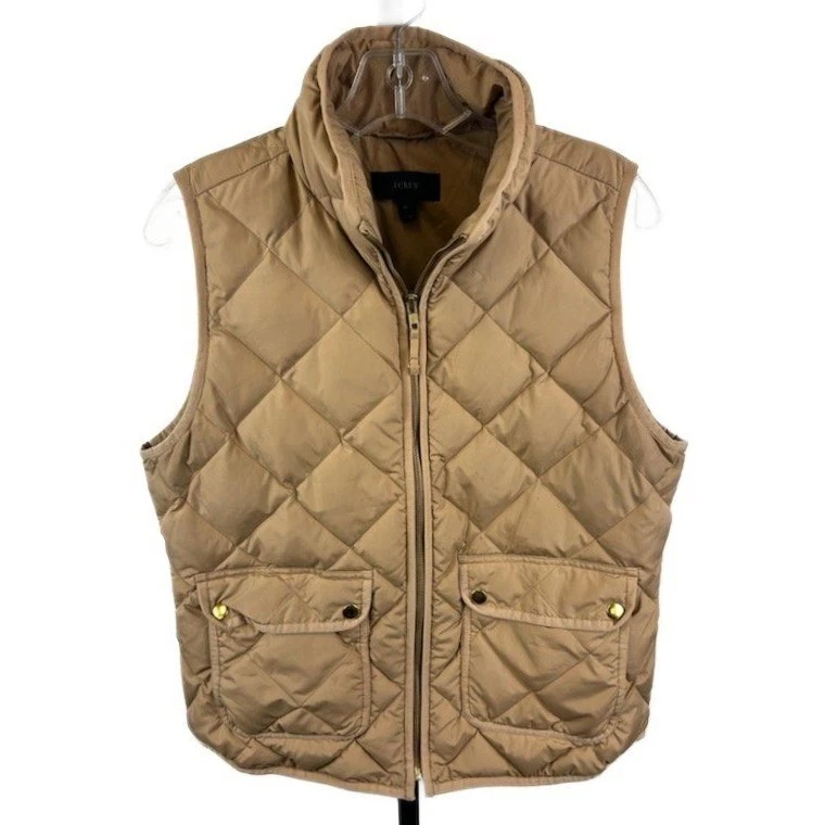 J.Crew Down Puffer Vest Women's Size Medium Tan Beige Quilted Full Zip Pockets