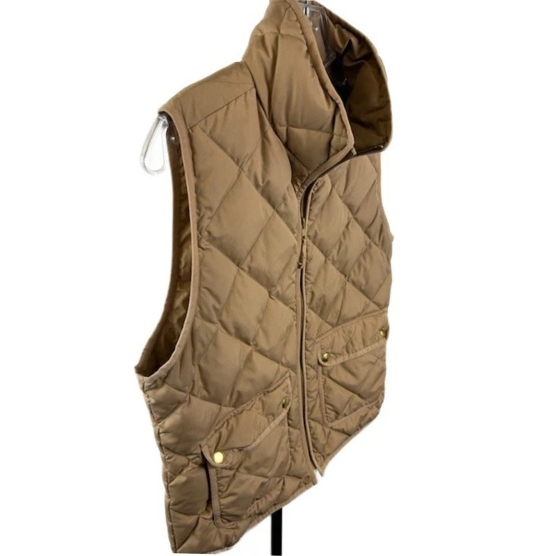 J.Crew Down Puffer Vest Women's Size Medium Tan Beige Quilted Full Zip Pockets - Image 2