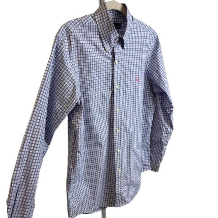 Polo Ralph Lauren Men's Medium Blue Plaid Classic Fit Cotton Button Down Shirt