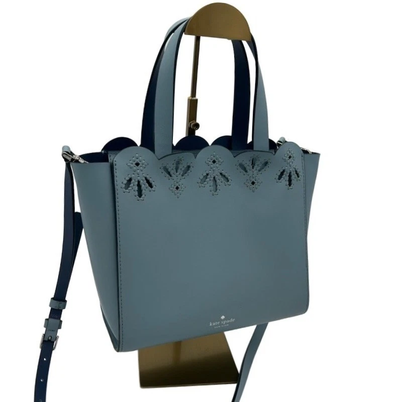 Kate Spade Bag Tote Perforated Scallop Tote Lagoon Blue Leather Crossbody