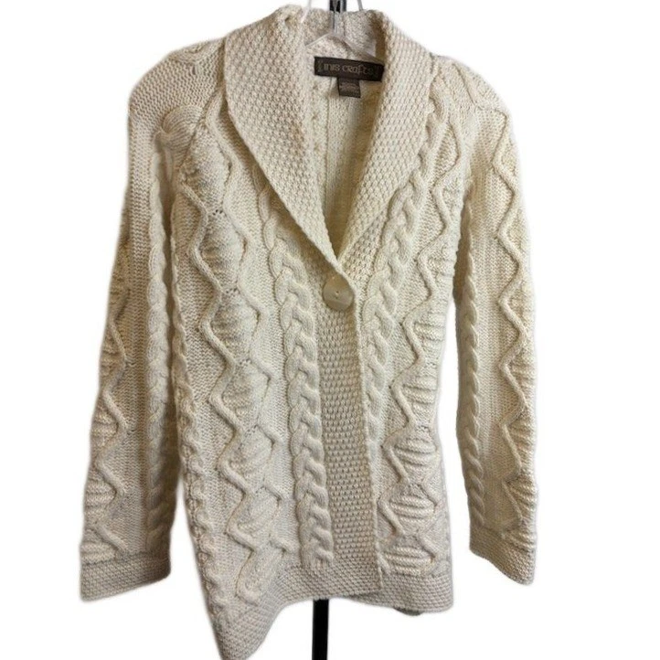 Inis Crafts Cardigan Sweater Size Small Cream 100% Merino Wool Cable Knit