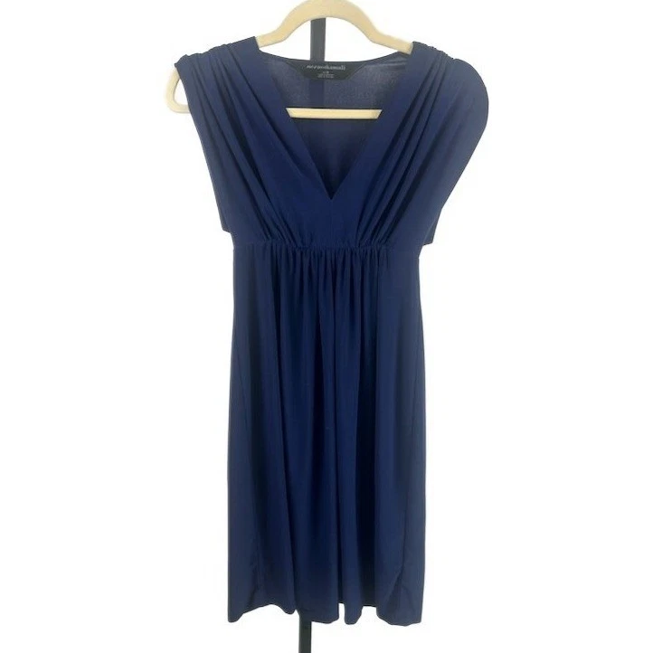 Norma Kamali Dress Women's Size Small Navy Blue V-Neck Ruched Gathered Waist