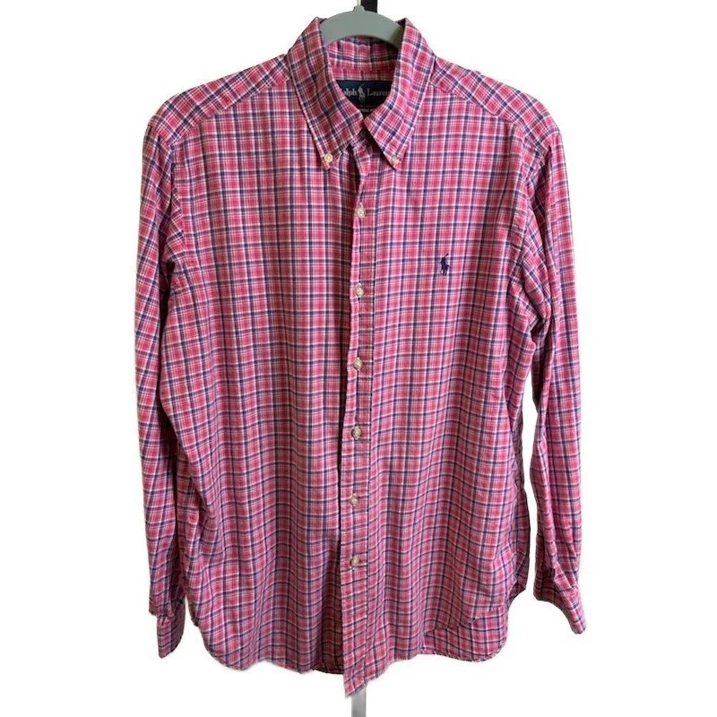 Ralph Lauren Shirt Men's Size Medium Plaid Classic Fit Pink Flannel Button Down