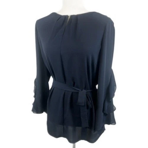 Halston Heritage Long Blouse Women's Size Large Navy Ruffle Sleeve Belted Top - Image 2