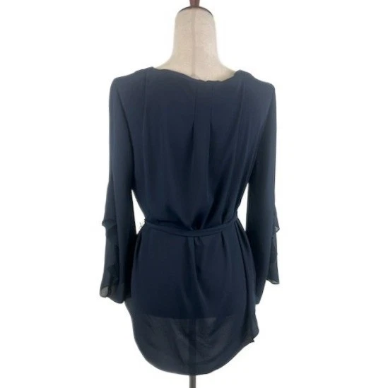 Halston Heritage Long Blouse Women's Size Large Navy Ruffle Sleeve Belted Top - Image 3
