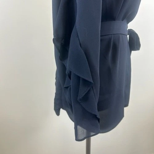 Halston Heritage Long Blouse Women's Size Large Navy Ruffle Sleeve Belted Top - Image 4