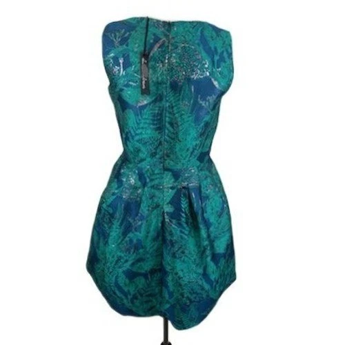 Alison Andrews Women's Size Medium Green Blue Metallic Leaf Fit Flare Dress - Image 3