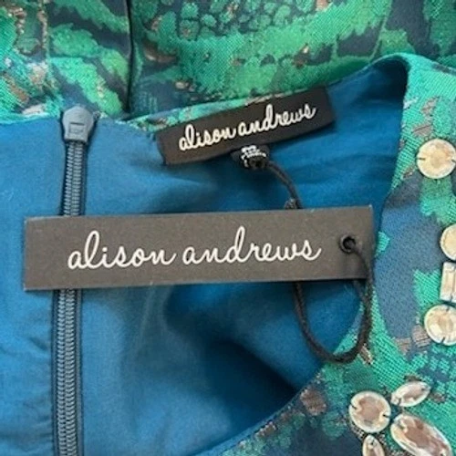 Alison Andrews Women's Size Medium Green Blue Metallic Leaf Fit Flare Dress - Image 4