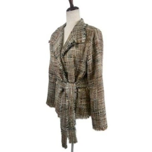 White House Black Market Blazer Women's Size 10 Tweed Belted Jacket Fringed - Image 2