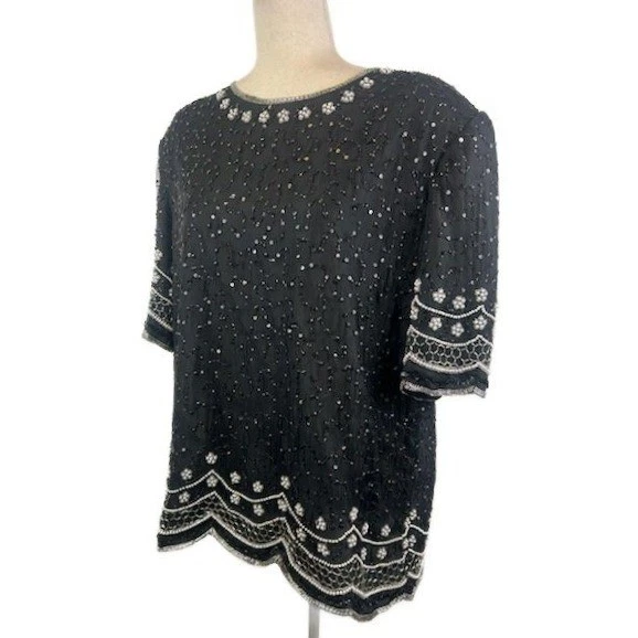 Laurence Kazar Top Blouse Black 100% Silk Beaded Sequin Women's Plus Size 2X - Image 2
