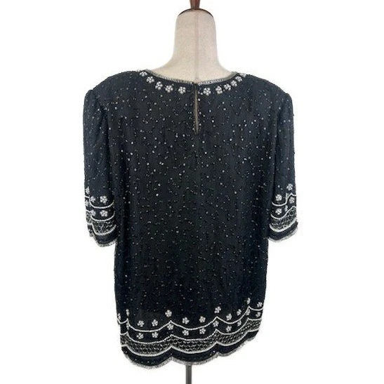 Laurence Kazar Top Blouse Black 100% Silk Beaded Sequin Women's Plus Size 2X - Image 3