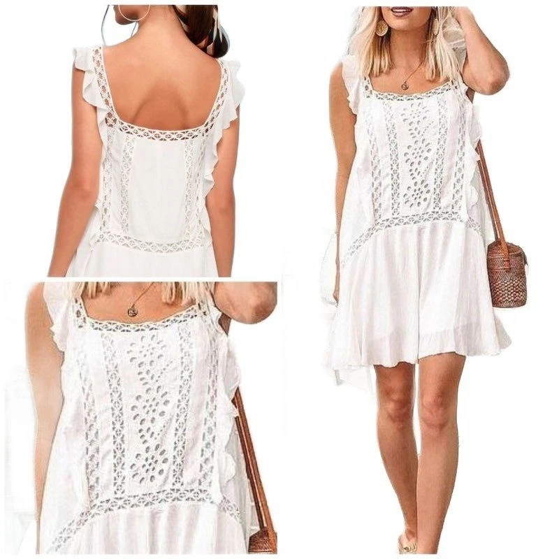 Free People Women's Size Small White Lace Crochet Mini Dress Flutter Sleeve - Image 2