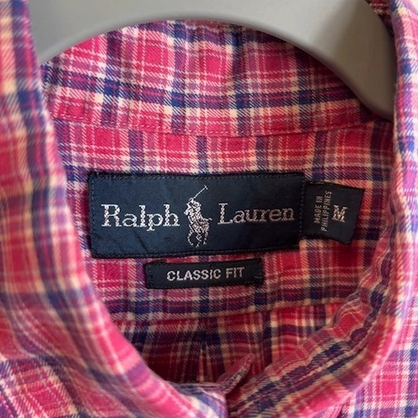 Ralph Lauren Shirt Men's Size Medium Plaid Classic Fit Pink Flannel Button Down - Image 4
