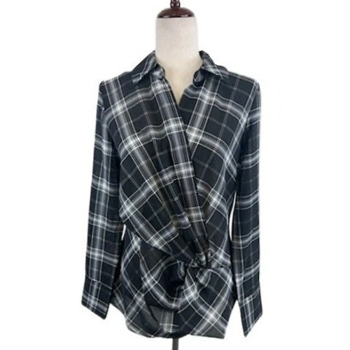 Laundry by Shelli Segal Blouse Women's Size Medium Plaid Long Shirt Top Black