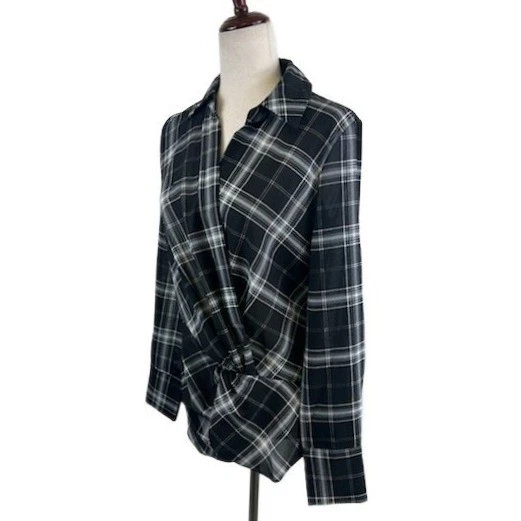 Laundry by Shelli Segal Blouse Women's Size Medium Plaid Long Shirt Top Black - Image 2
