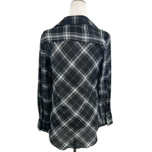 Laundry by Shelli Segal Blouse Women's Size Medium Plaid Long Shirt Top Black - Image 3