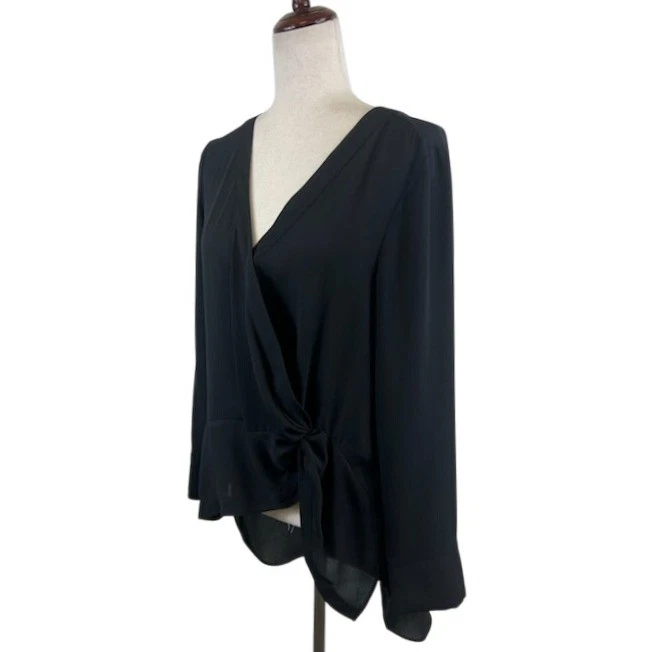 Halston Women's Size Medium Black Wrap Knot Front V-Neck Long Sleeve Blouse Top - Image 2