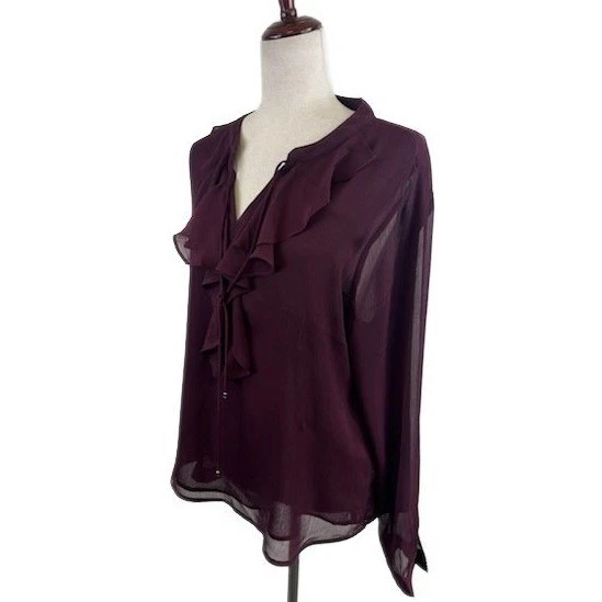 Tommy Hilfiger Women's Size Large Burgundy Ruffle Neck Long Sleeve Top Blouse - Image 2