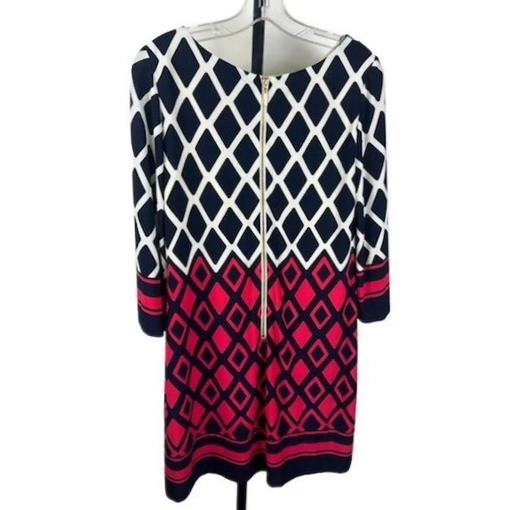 Eliza J Women's Size 10 Navy White Red Diamond Print 3/4 Sleeve Zipper Dress - Image 2
