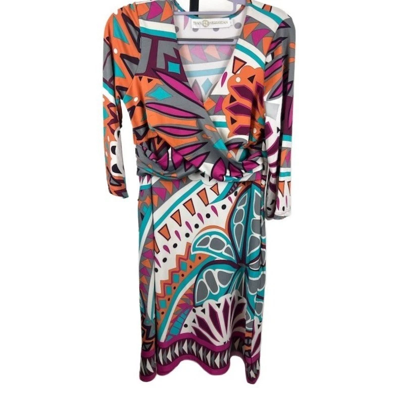 Tracy Negoshian Women's Size Large Geometric Print Wrap V Neck Midi Dress