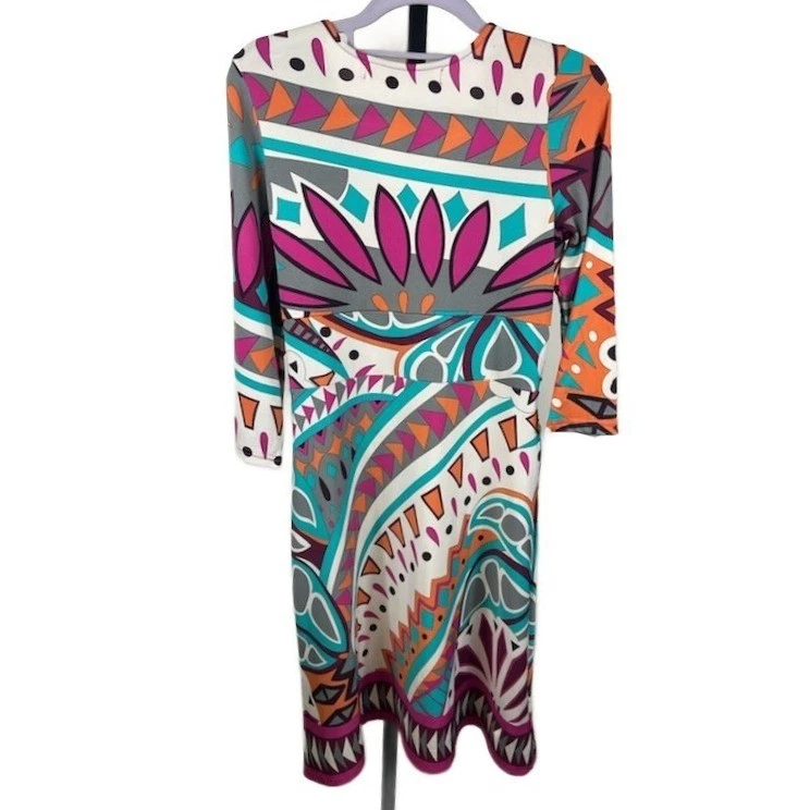 Tracy Negoshian Women's Size Large Geometric Print Wrap V Neck Midi Dress - Image 2