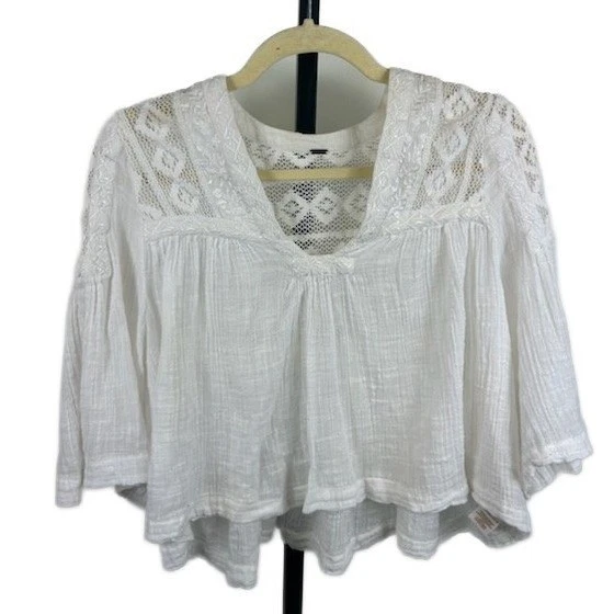 Free People Women's Size Medium White Cotton Lace Detail Boho Peasant Blouse Top - Image 2