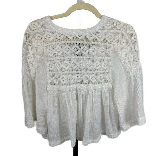Free People Women's Size Medium White Cotton Lace Detail Boho Peasant Blouse Top - Image 3