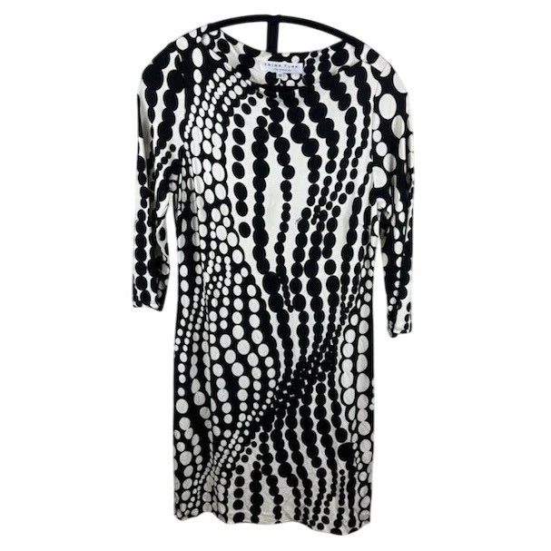 Trina Turk Dress Women's Size 12 Black White Dot Print Midi 3/4 Sleeve