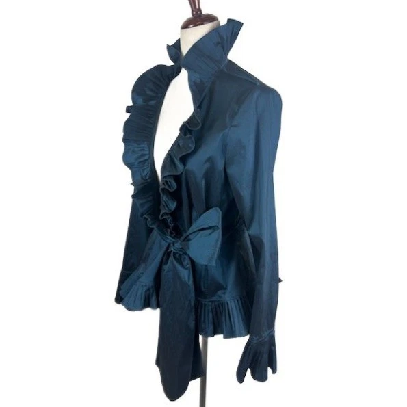 Adrianna Papell Teal Taffeta Ruffle Collar Blouse Jacket Party Women's Size 10 - Image 2