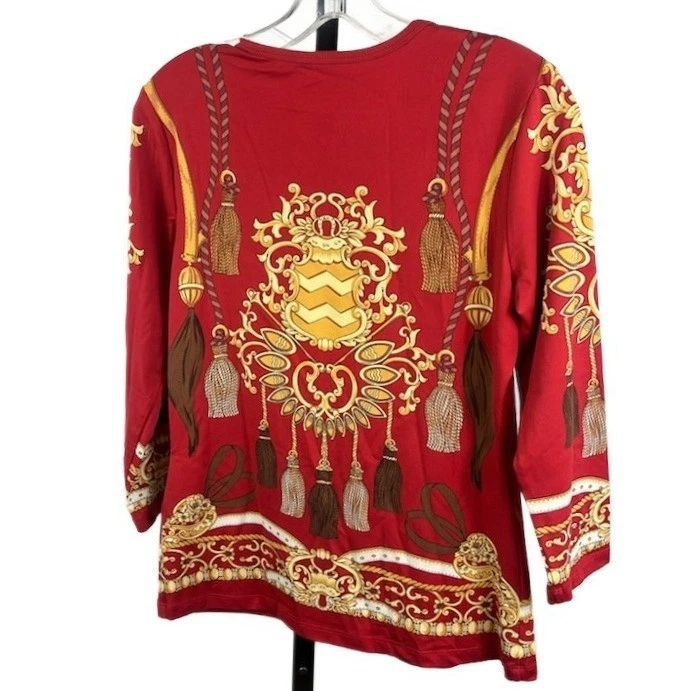 J.McLaughlin Red Gold Baroque Tassel Print Holiday Top Blouse Women's Size Small - Image 3