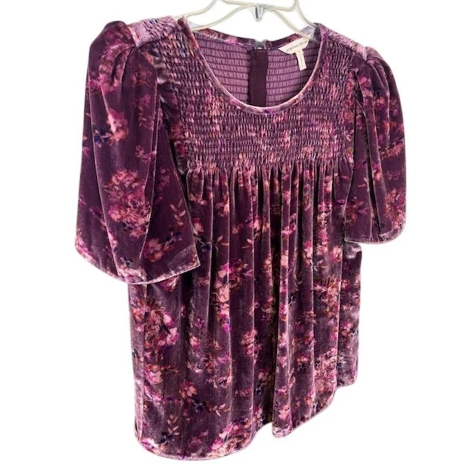 Rebecca Taylor Silk Blend Velvet Floral Smocked Puff Sleeve Top Blouse Size 6 - Image 2