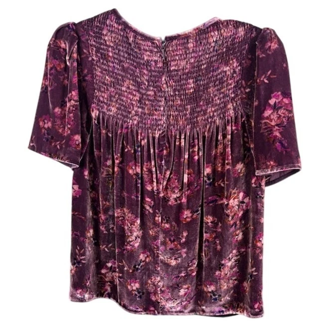 Rebecca Taylor Silk Blend Velvet Floral Smocked Puff Sleeve Top Blouse Size 6 - Image 3