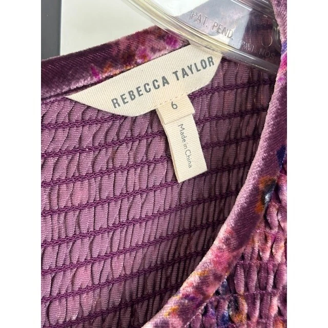 Rebecca Taylor Silk Blend Velvet Floral Smocked Puff Sleeve Top Blouse Size 6 - Image 4