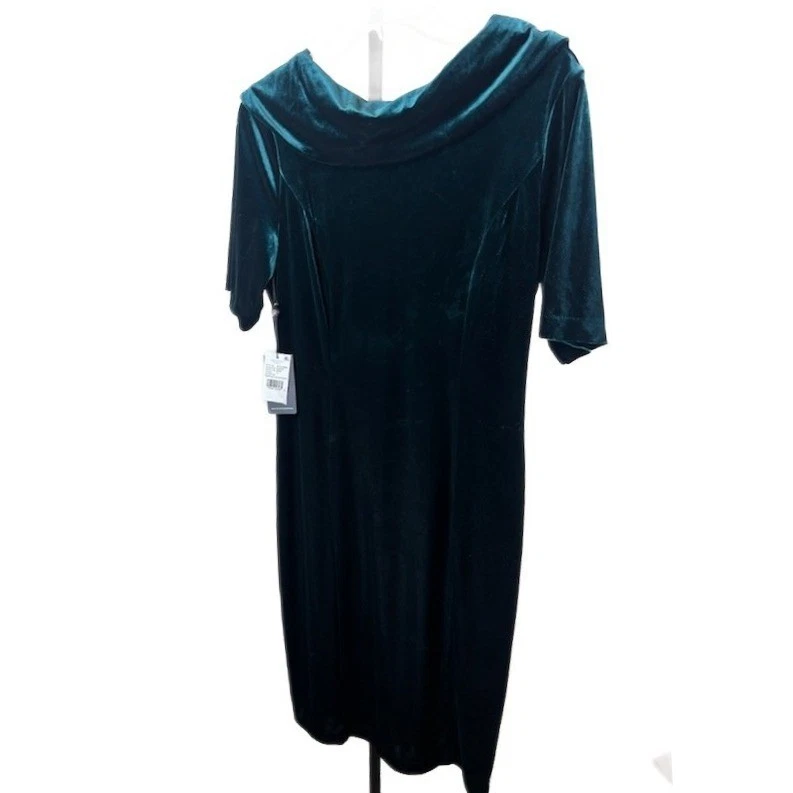 New Adrianna Papell Deep Emerald Green Velvet Roll Collar Sheath Dress Size 10 - Image 2