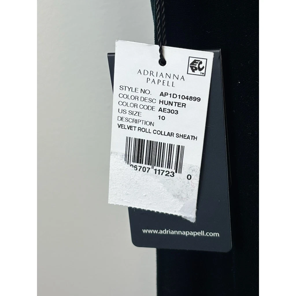New Adrianna Papell Deep Emerald Green Velvet Roll Collar Sheath Dress Size 10 - Image 3
