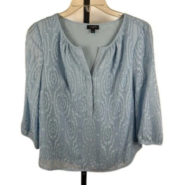 Talbots Blue Textured V-Neck Blouse 3/4 Sleeve Size Small SP Petite