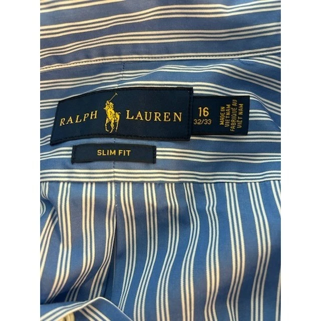 Classic Ralph Lauren Blue Striped Slim Fit Long Sleeve Shirt Size 16 32/33 - Image 3