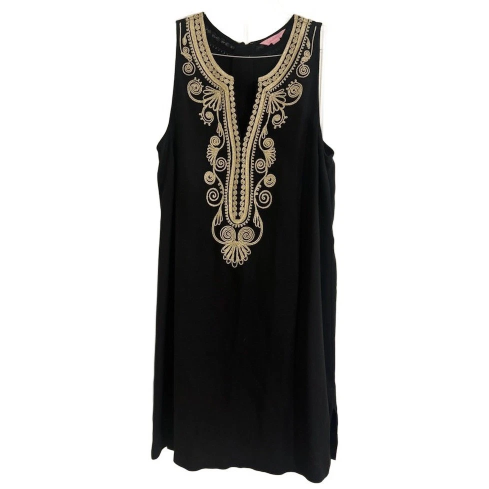 Lilly Pulitzer Black Gold Embroidered V-Neck Sleeveless Dress Holiday Size 12